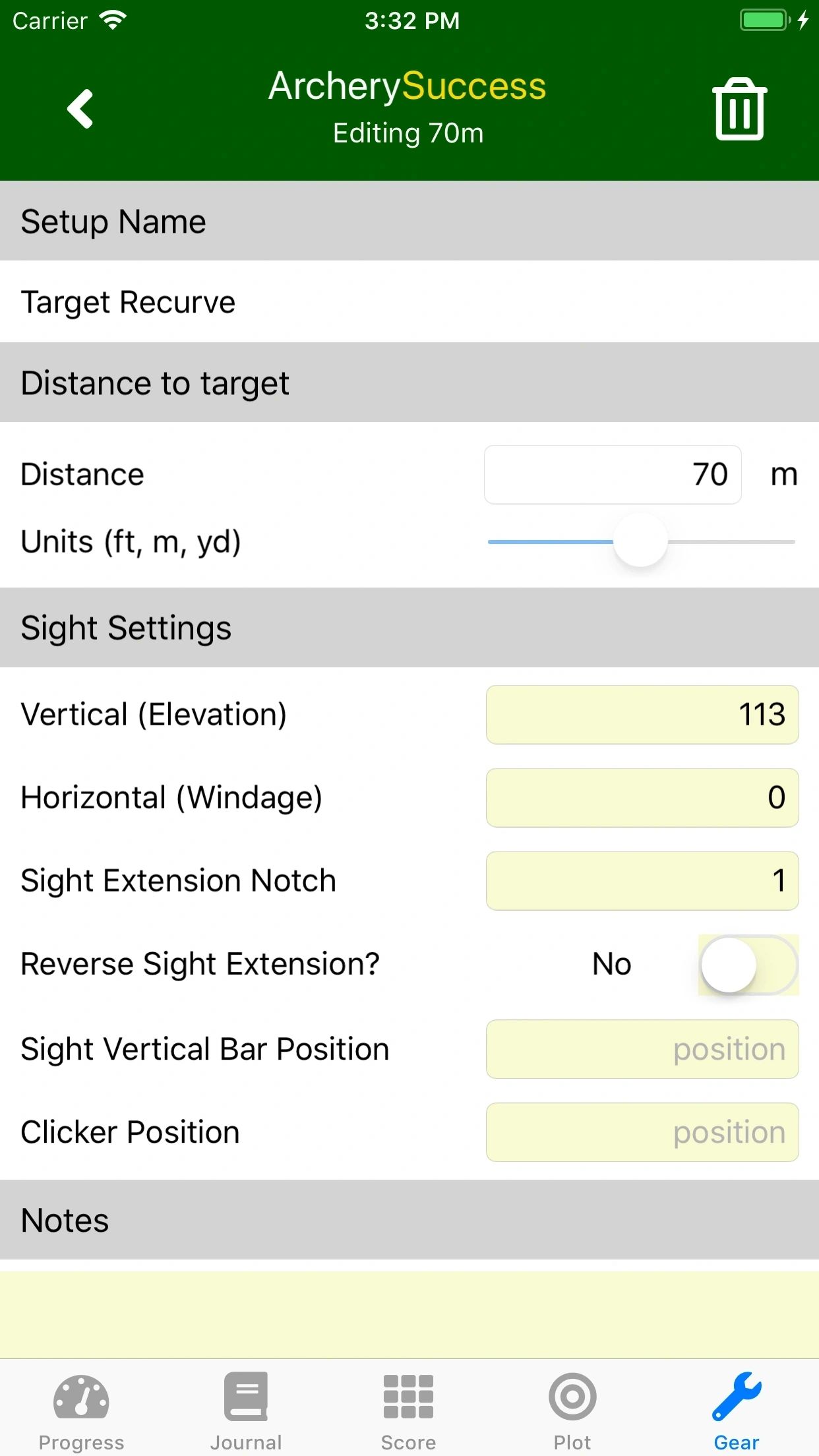 Sight Settings Screen 1