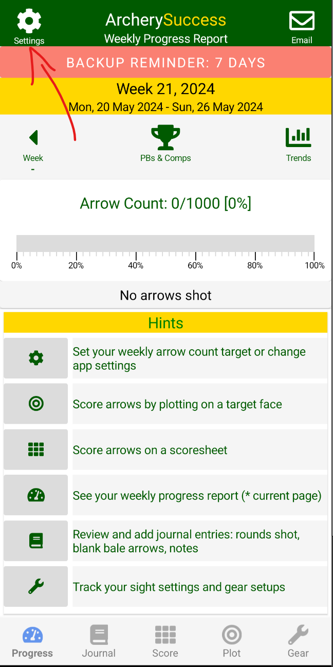 Tap the Settings icon on the Progress page